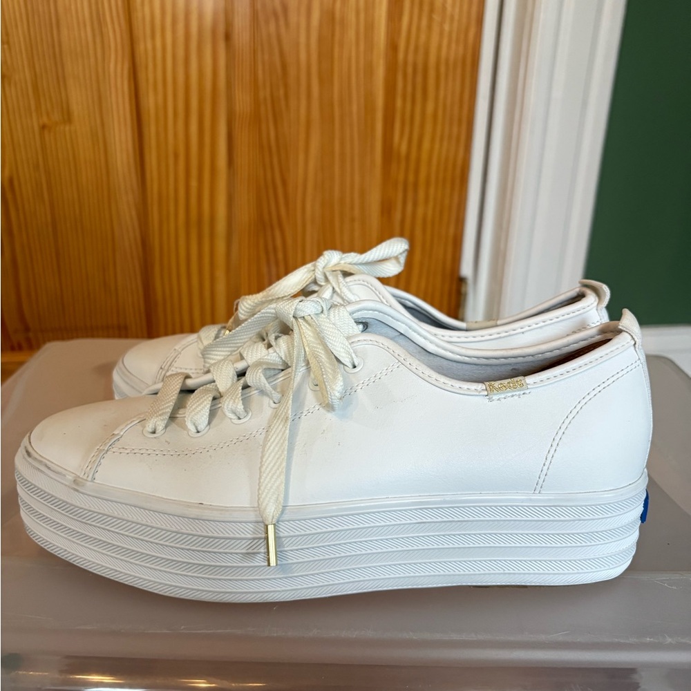 Keds White Low-Top Platform Sneakers with Blue Logo Tabs